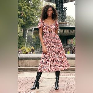 Forever Flowering Pink Multi Floral Print Puff Sleeve Midi Dress